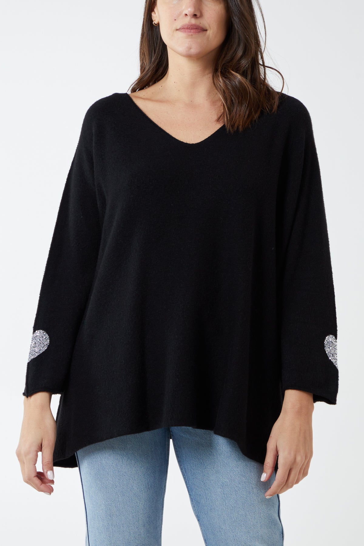 Appliqued Hearts Sleeves V-Neck Jumper For Women  - Dropwear
