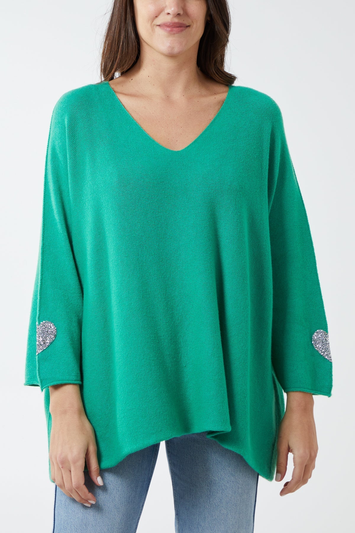 Royal Blue Appliqued Hearts Sleeves V-Neck Jumper For Women ONE SIZE - Dropwear