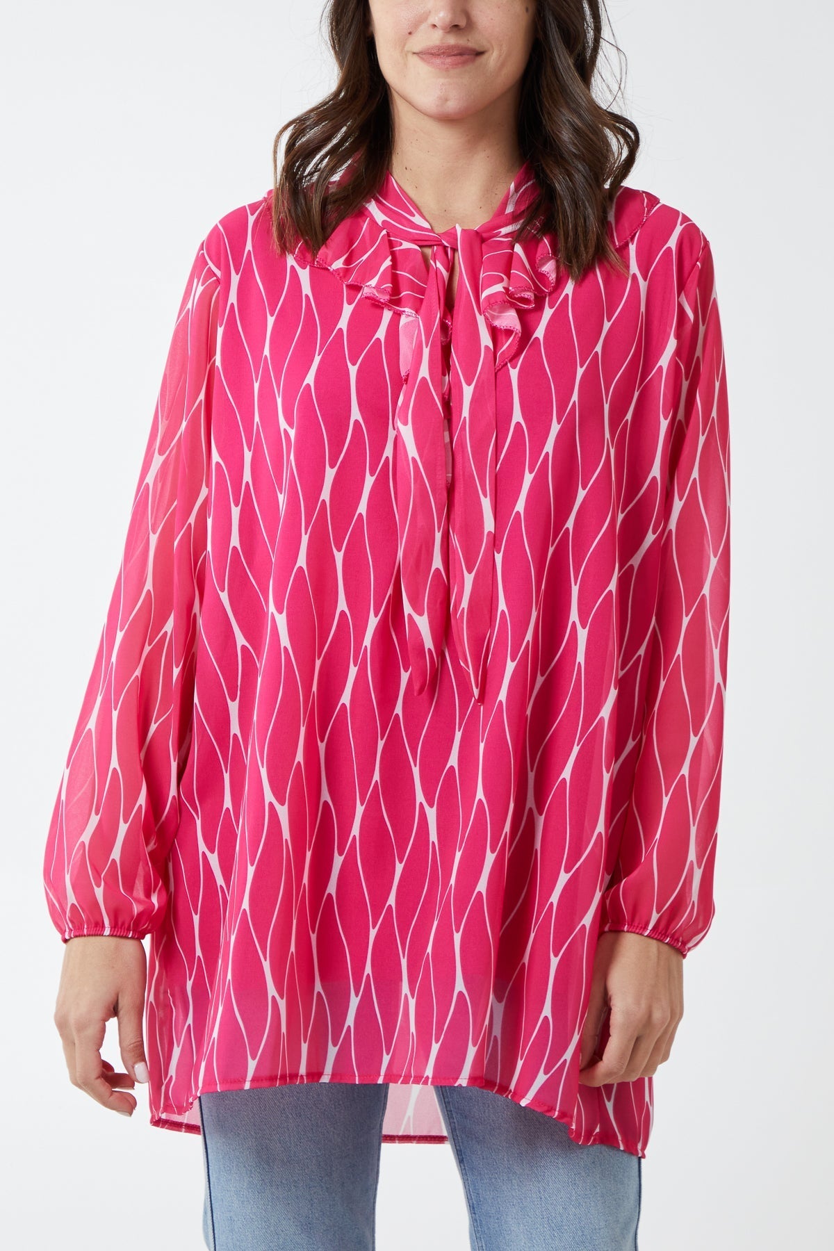 Fuchsia Geometric Print Ruffle Tie Blouse For Women ONE SIZE - Dropwear