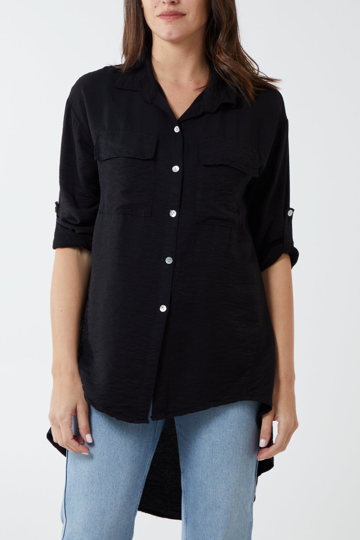Black Two Pocket Asymmetric Hem Cotton Shirt For Women ONE SIZE - Dropwear