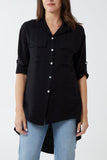 Black Two Pocket Asymmetric Hem Cotton Shirt For Women ONE SIZE - Dropwear