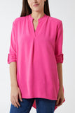 Navy V-Neck Poly Crepe Roll Sleeve Blouse For Women ONE SIZE - Dropwear