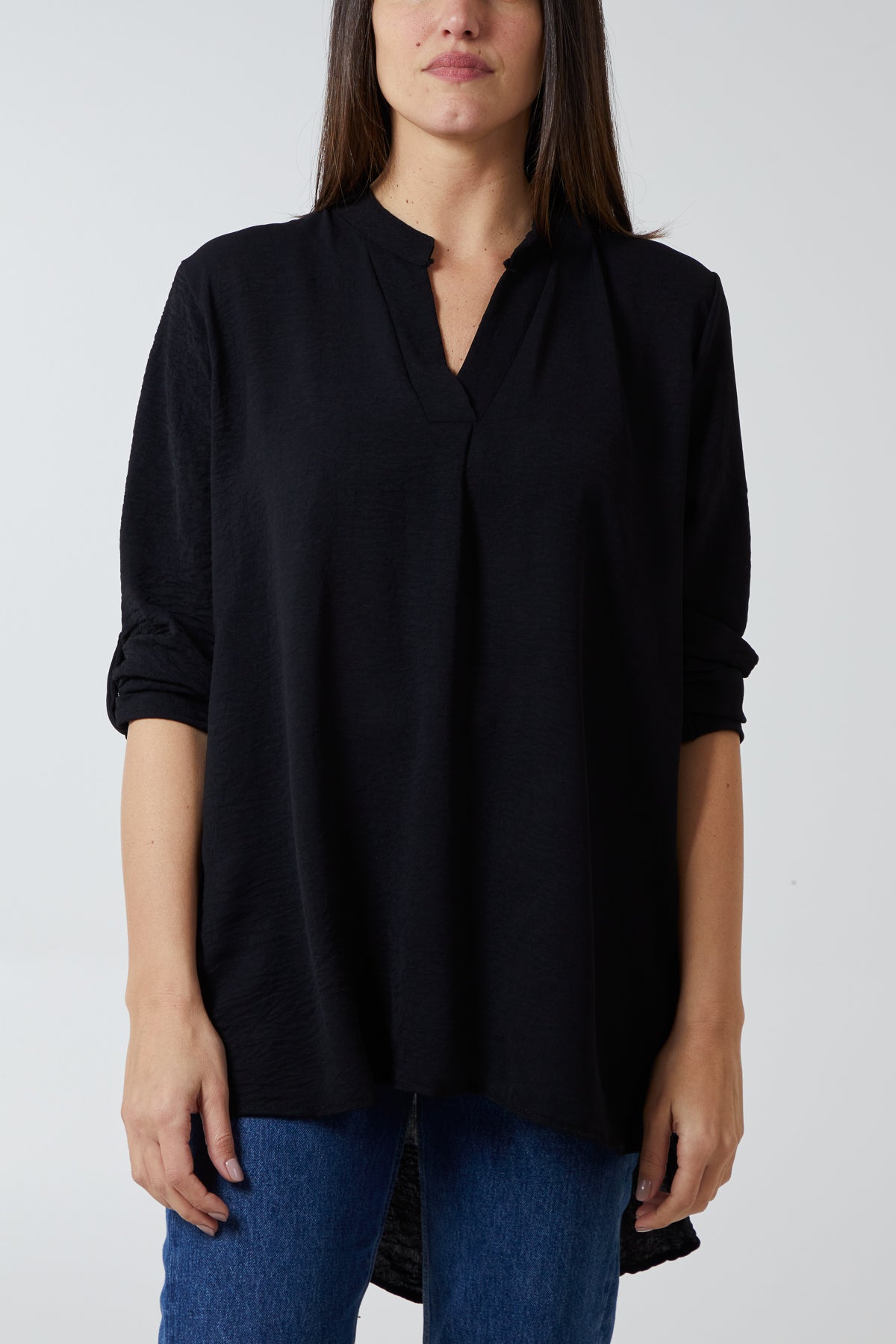 V-Neck Poly Crepe Roll Sleeve Blouse For Women  - Dropwear