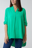 V-Neck Poly Crepe Roll Sleeve Blouse For Women  - Dropwear