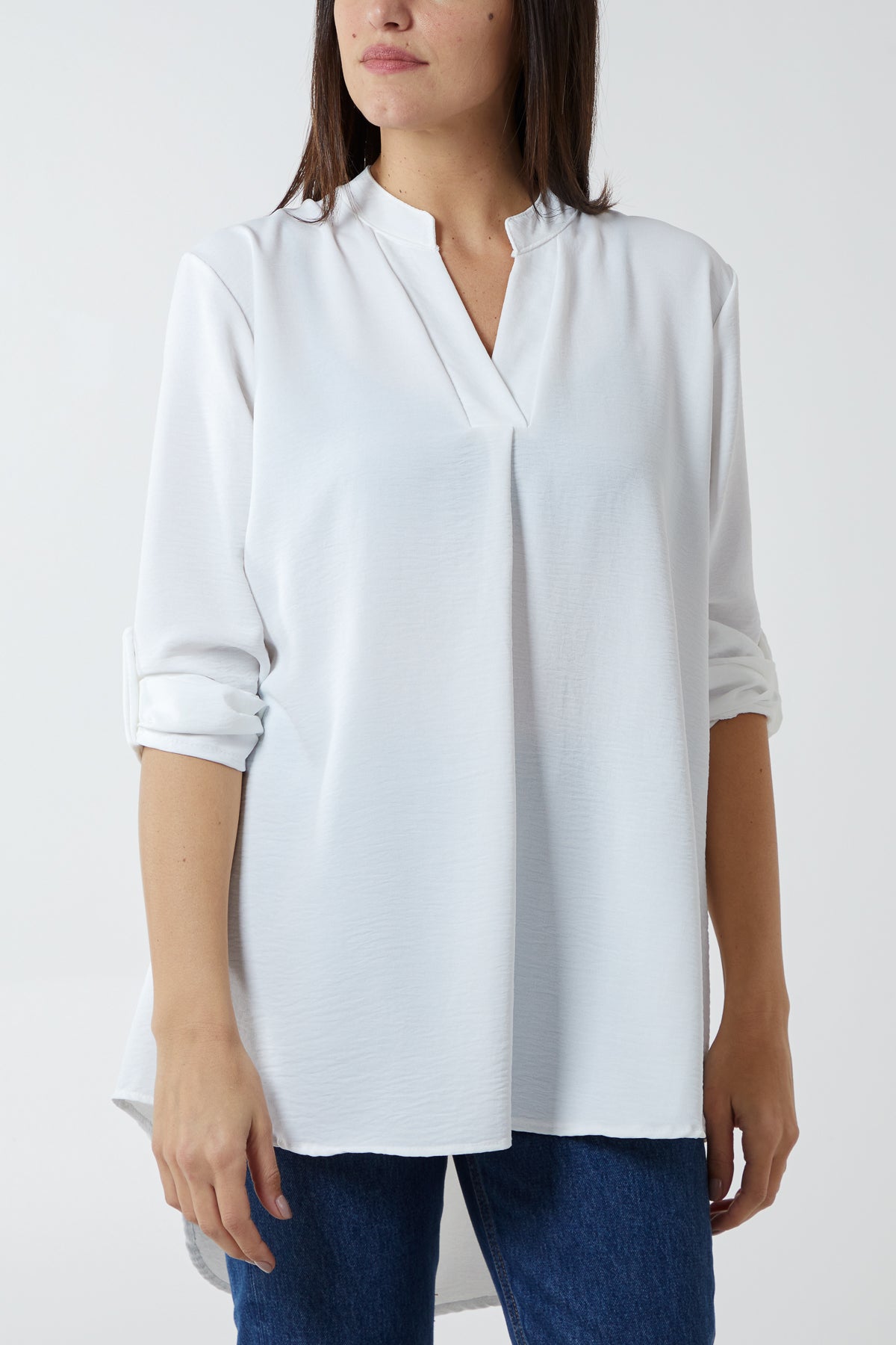 Black V-Neck Poly Crepe Roll Sleeve Blouse For Women ONE SIZE - Dropwear
