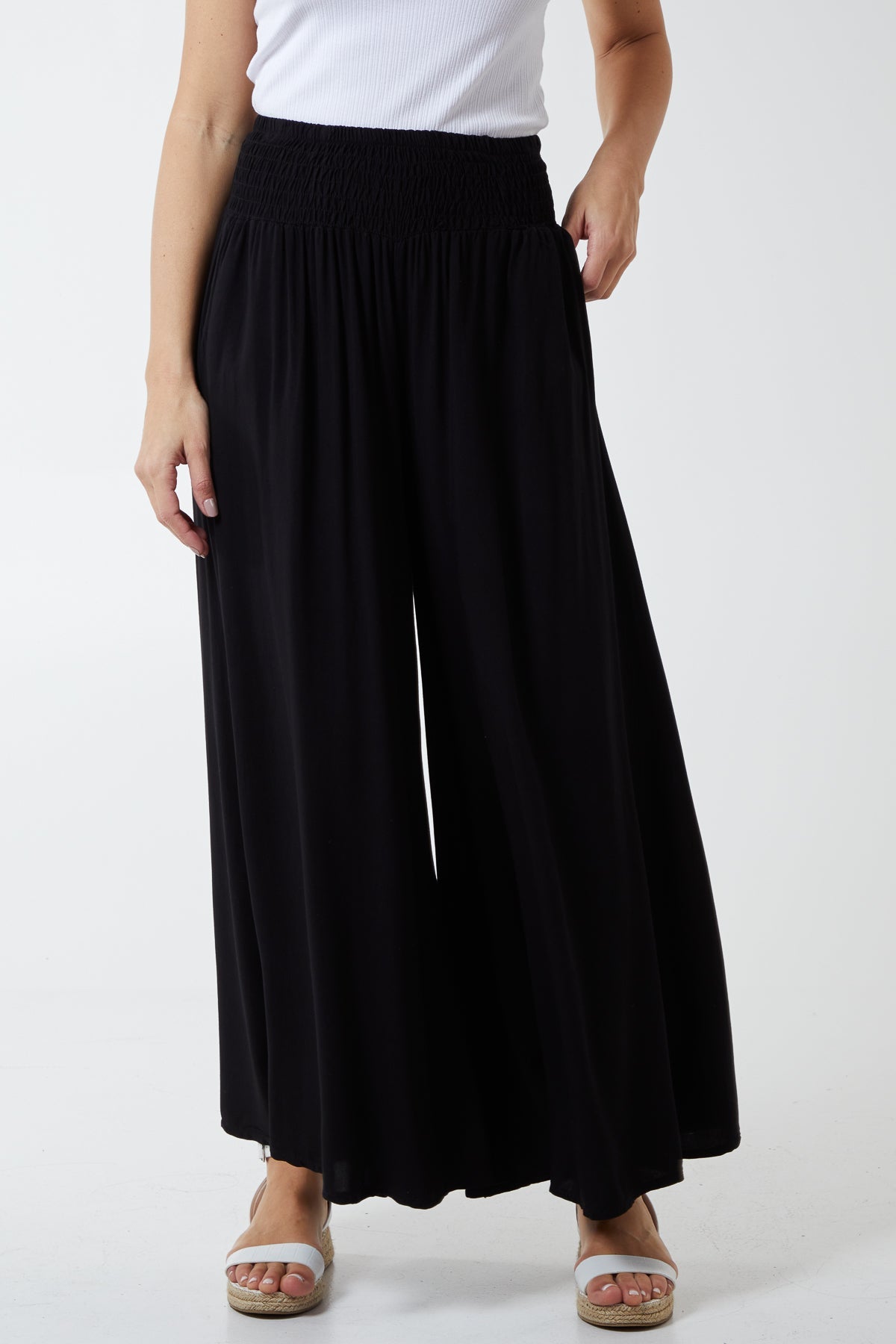 Shirred Deep Waist Band Wide Culottes For Women  - Dropwear