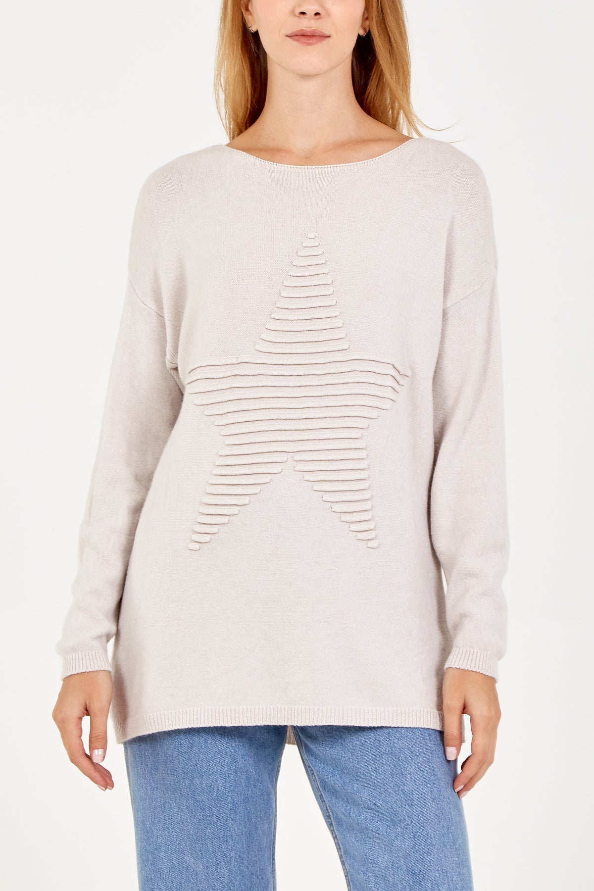 Light Grey Ribbed Star Jumper For Women ONE SIZE - Dropwear