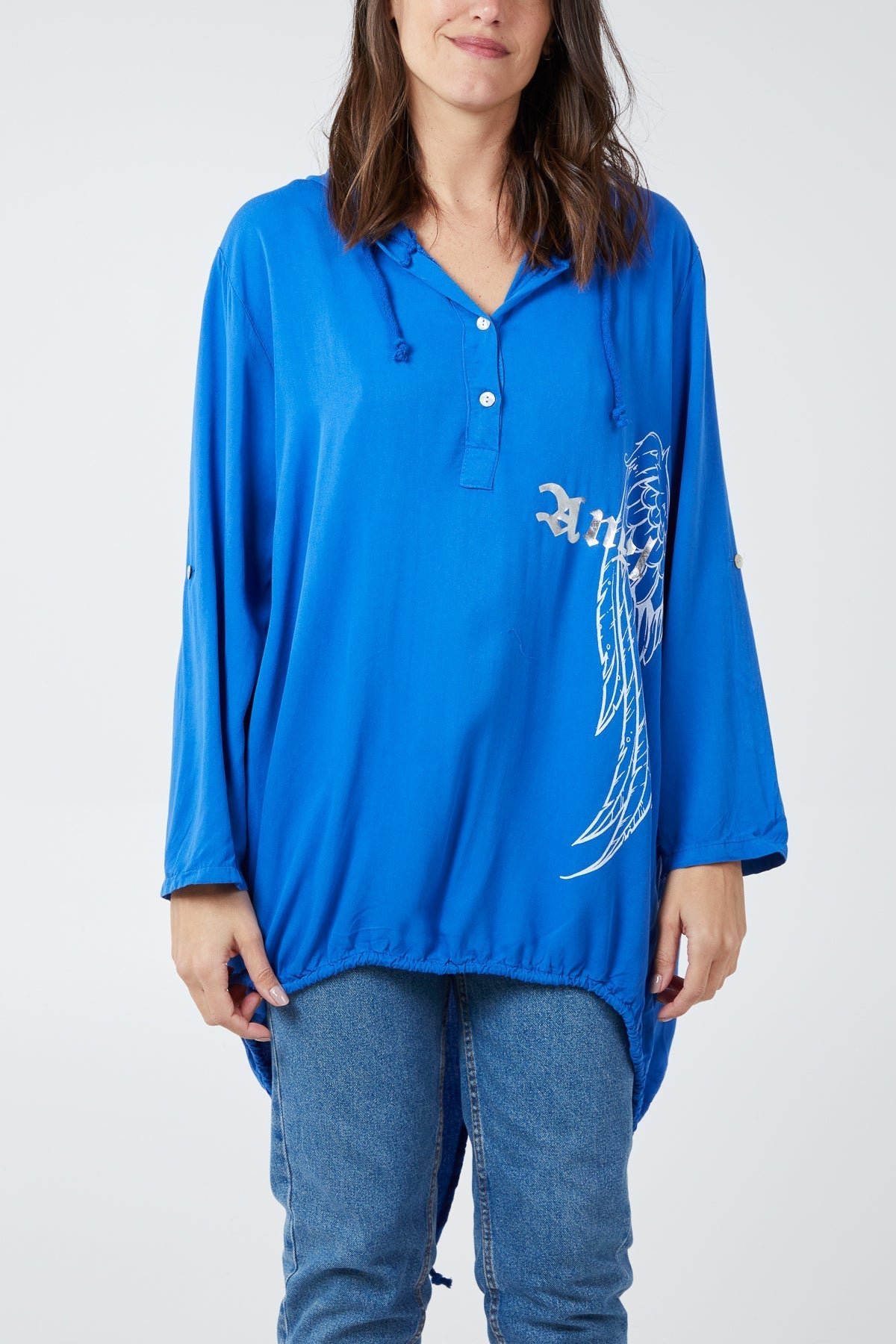 Jade Angel Wings Dip Hem Hooded Shirt For Women ONE SIZE - Dropwear