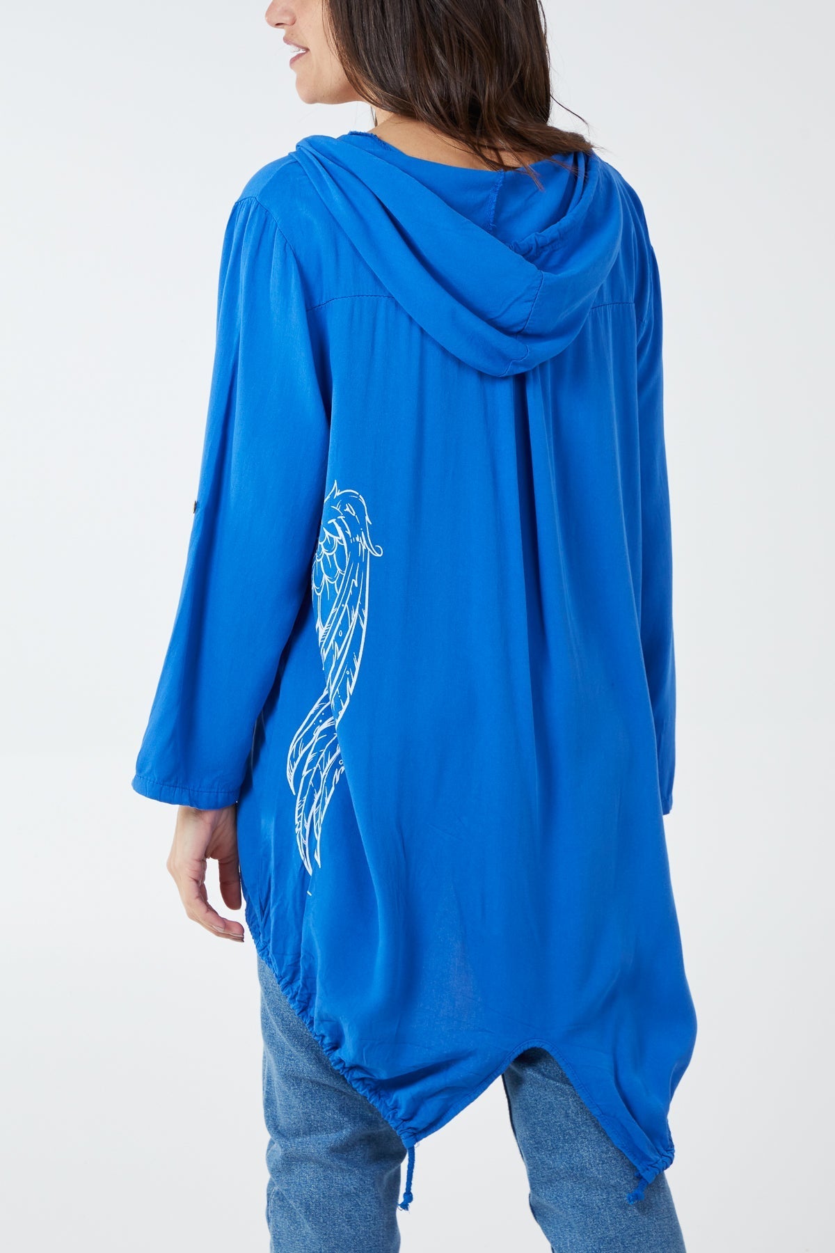 Royal Blue Angel Wings Dip Hem Hooded Shirt For Women ONE SIZE - Dropwear