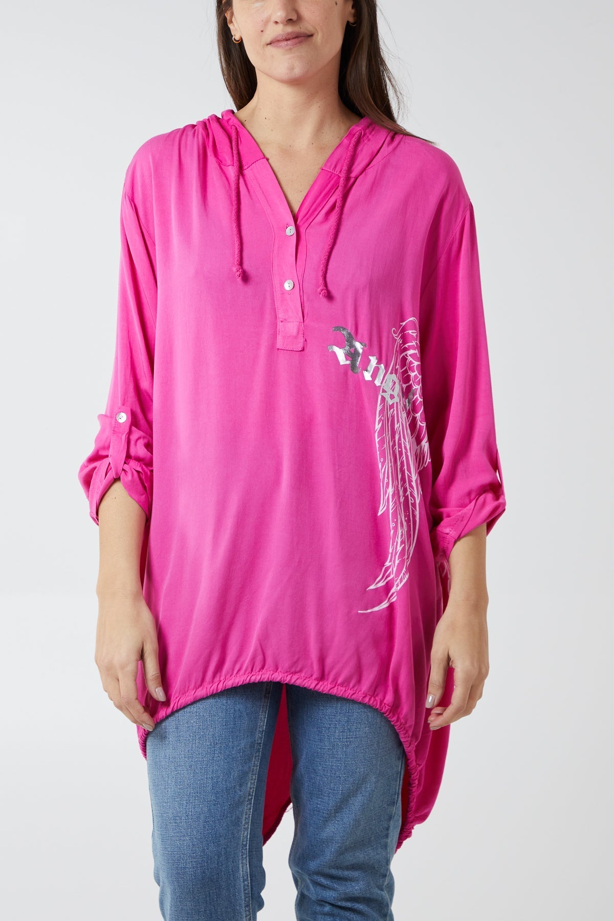 Hot Pink Angel Wings Dip Hem Hooded Shirt For Women ONE SIZE - Dropwear