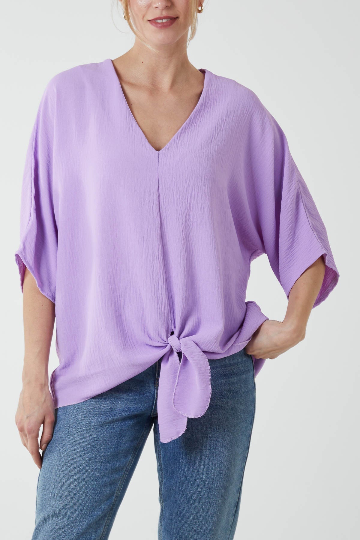Lilac V-Neck Centre Front Tie Hem Blouse For Women ONE SIZE - Dropwear