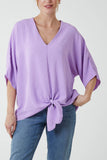 Lilac V-Neck Centre Front Tie Hem Blouse For Women ONE SIZE - Dropwear