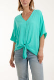 Stone V-Neck Centre Front Tie Hem Blouse For Women ONE SIZE - Dropwear