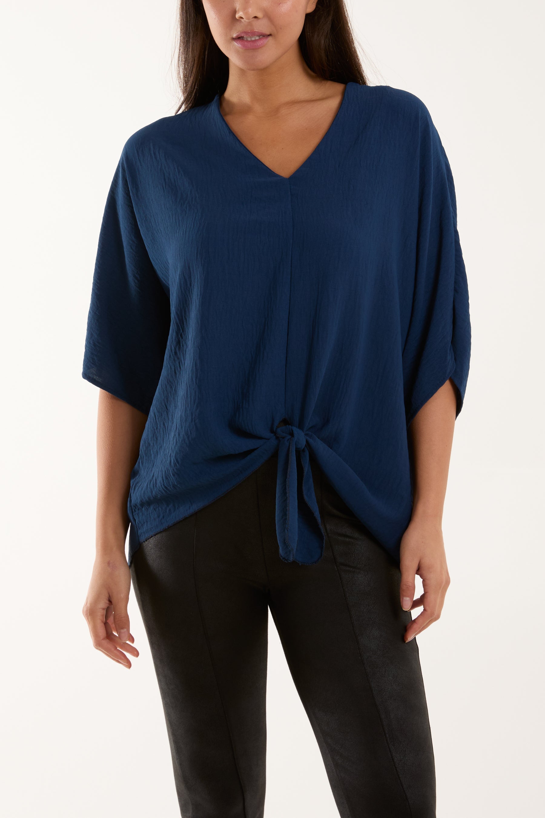 V-Neck Centre Front Tie Hem Blouse For Women  - Dropwear