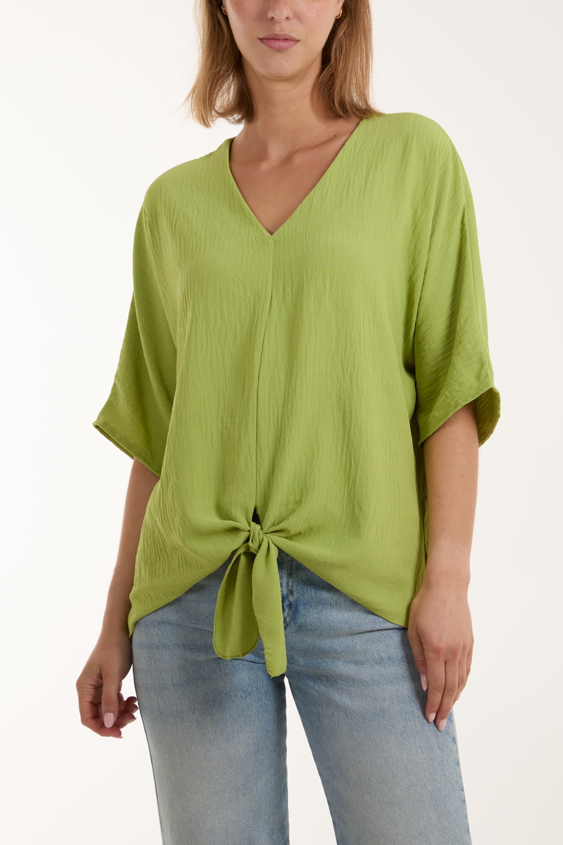 V-Neck Centre Front Tie Hem Blouse For Women  - Dropwear
