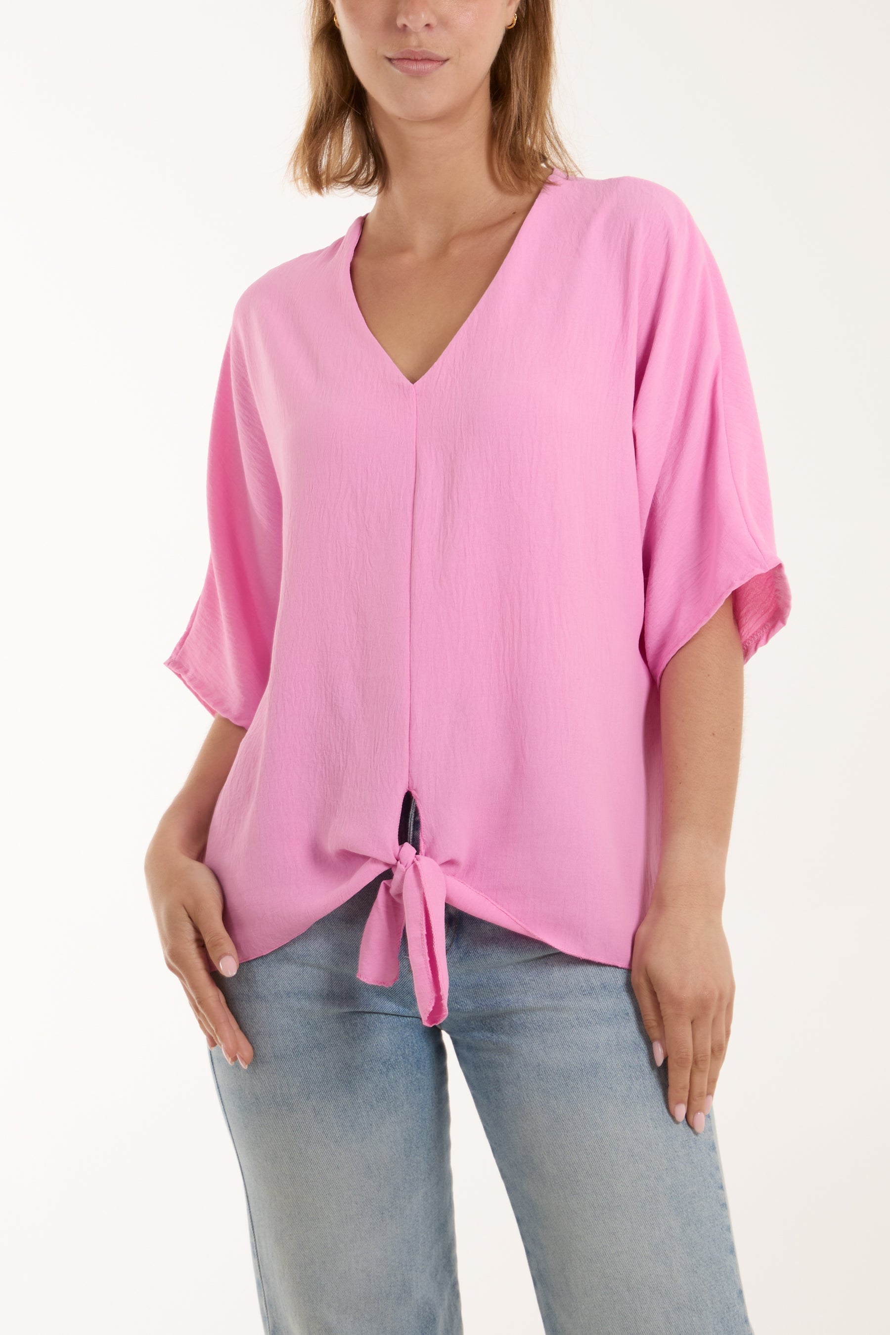 Black V-Neck Centre Front Tie Hem Blouse For Women ONE SIZE - Dropwear
