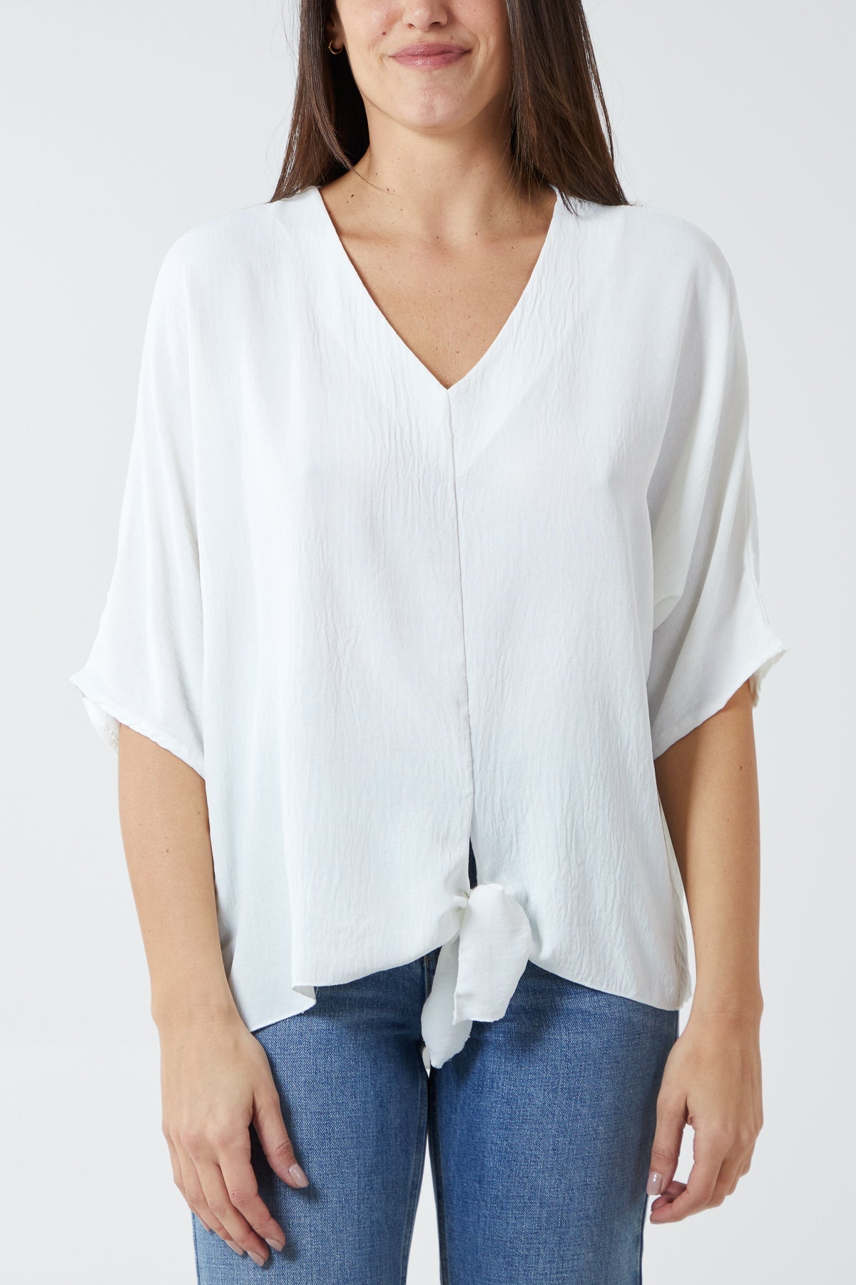 Jade V-Neck Centre Front Tie Hem Blouse For Women ONE SIZE - Dropwear