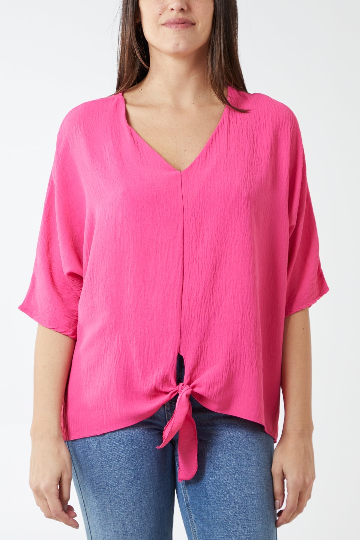 V-Neck Centre Front Tie Hem Blouse For Women  - Dropwear
