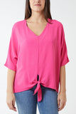 V-Neck Centre Front Tie Hem Blouse For Women  - Dropwear