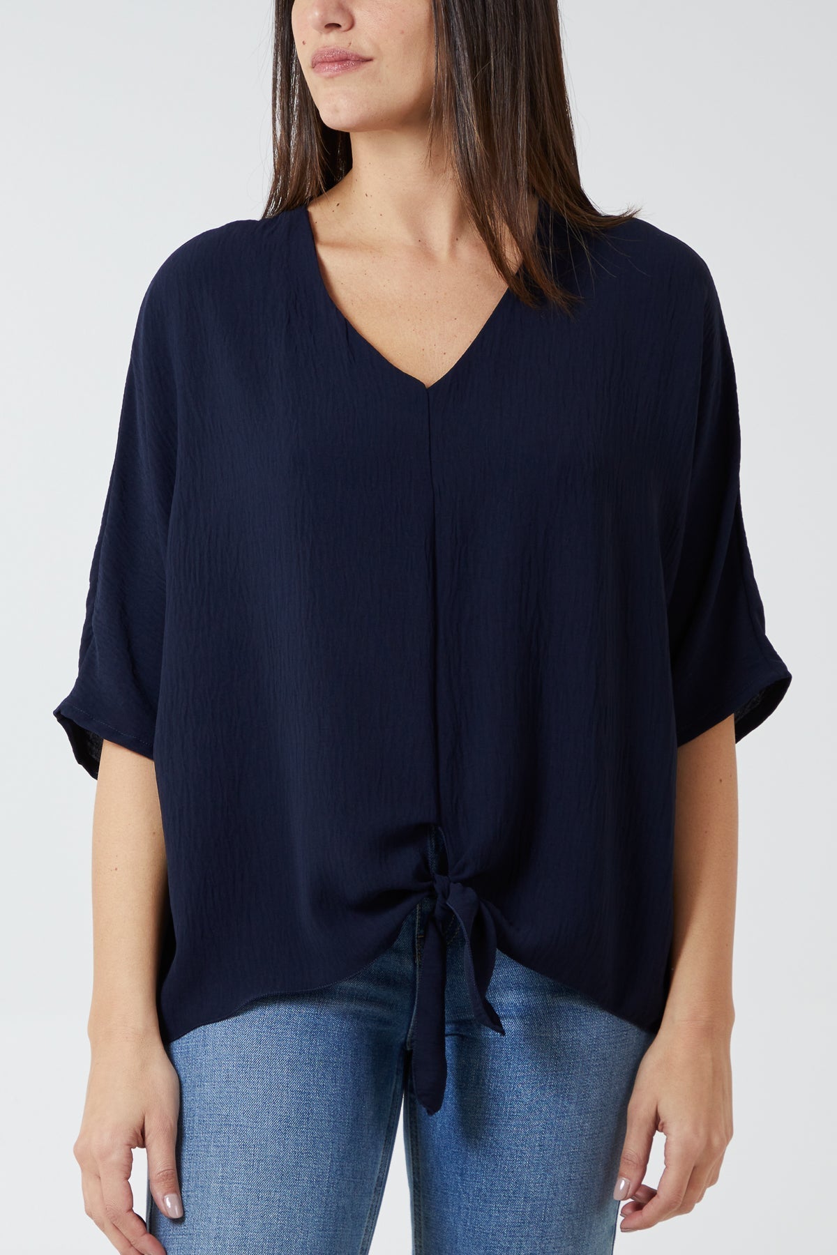 Denim V-Neck Centre Front Tie Hem Blouse For Women ONE SIZE - Dropwear