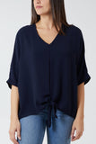 Denim V-Neck Centre Front Tie Hem Blouse For Women ONE SIZE - Dropwear