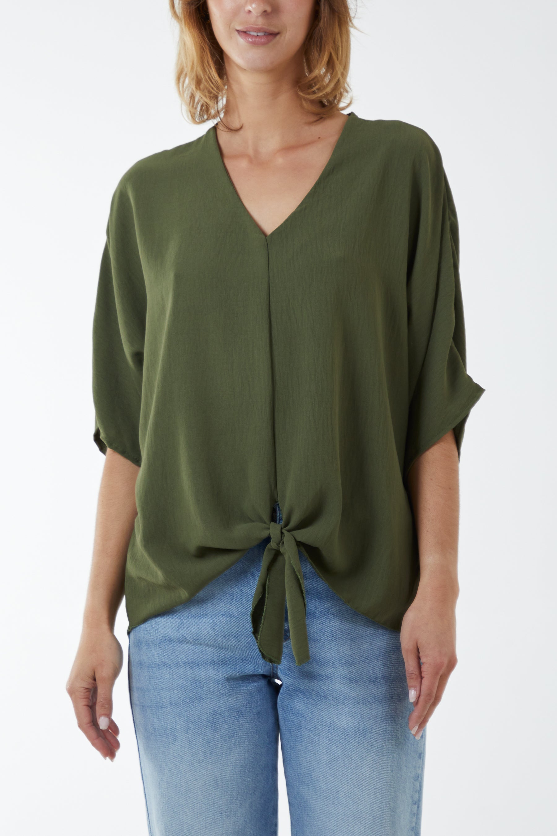 V-Neck Centre Front Tie Hem Blouse For Women  - Dropwear