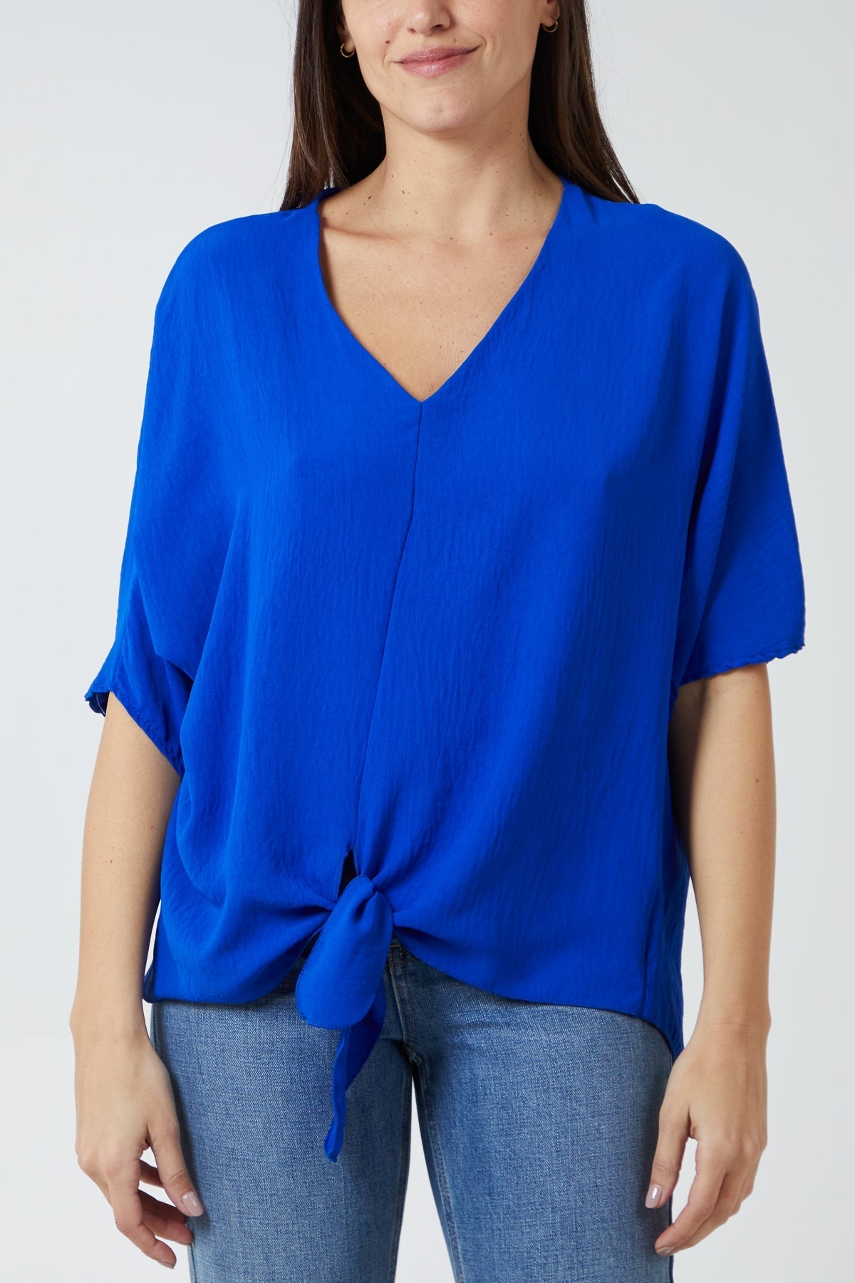 V-Neck Centre Front Tie Hem Blouse For Women  - Dropwear