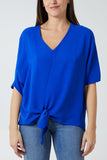 V-Neck Centre Front Tie Hem Blouse For Women  - Dropwear