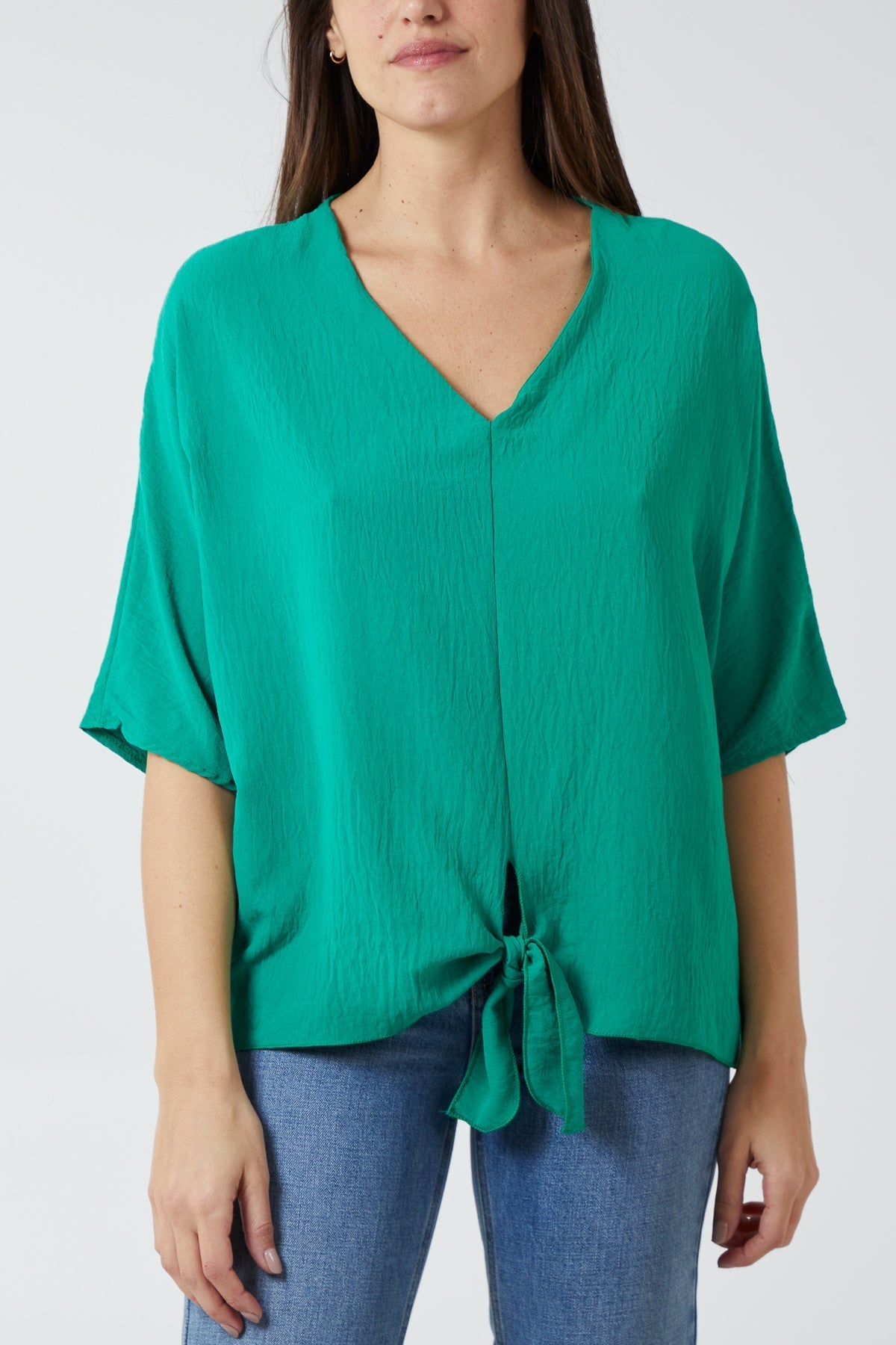 Bubblegum Pink V-Neck Centre Front Tie Hem Blouse For Women ONE SIZE - Dropwear