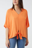 V-Neck Centre Front Tie Hem Blouse For Women  - Dropwear