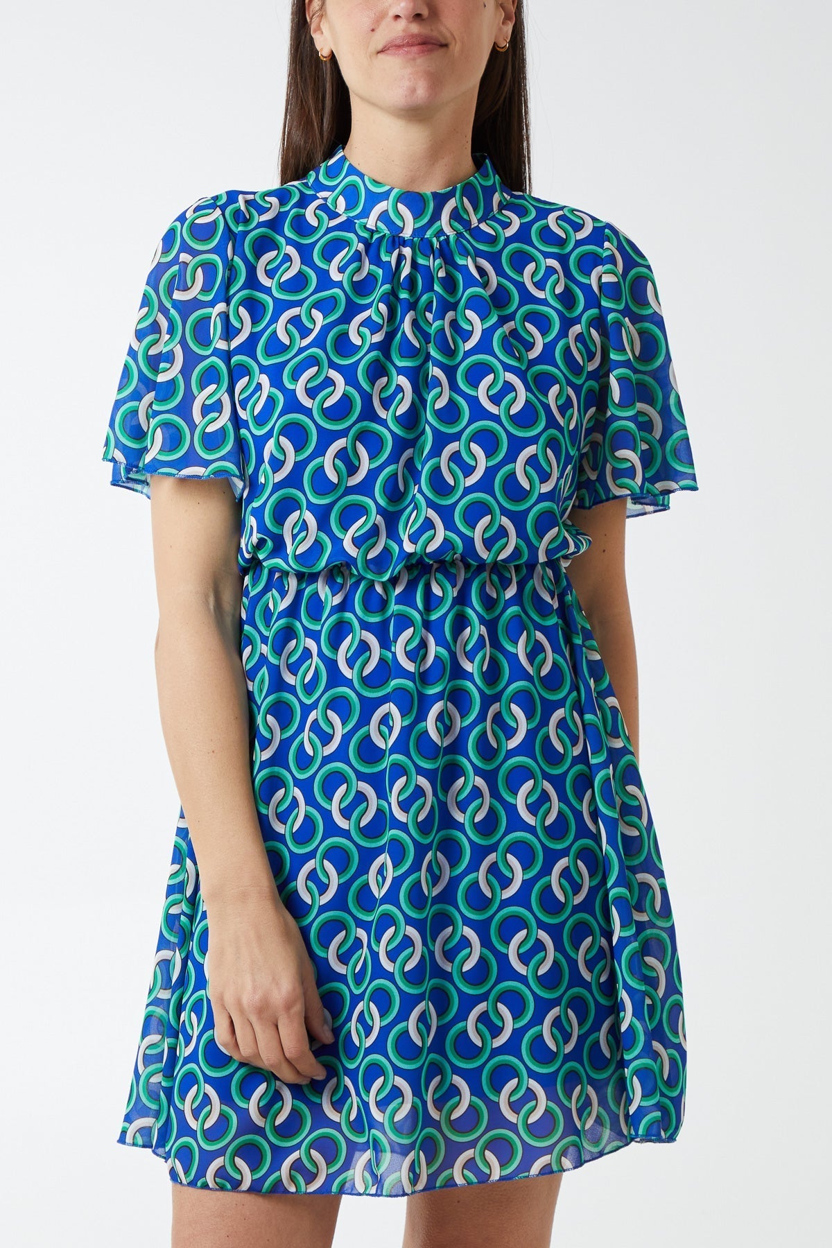 Royal Blue High Neck Geometrical Chain Print Dress For Women S/M-M/L - Dropwear