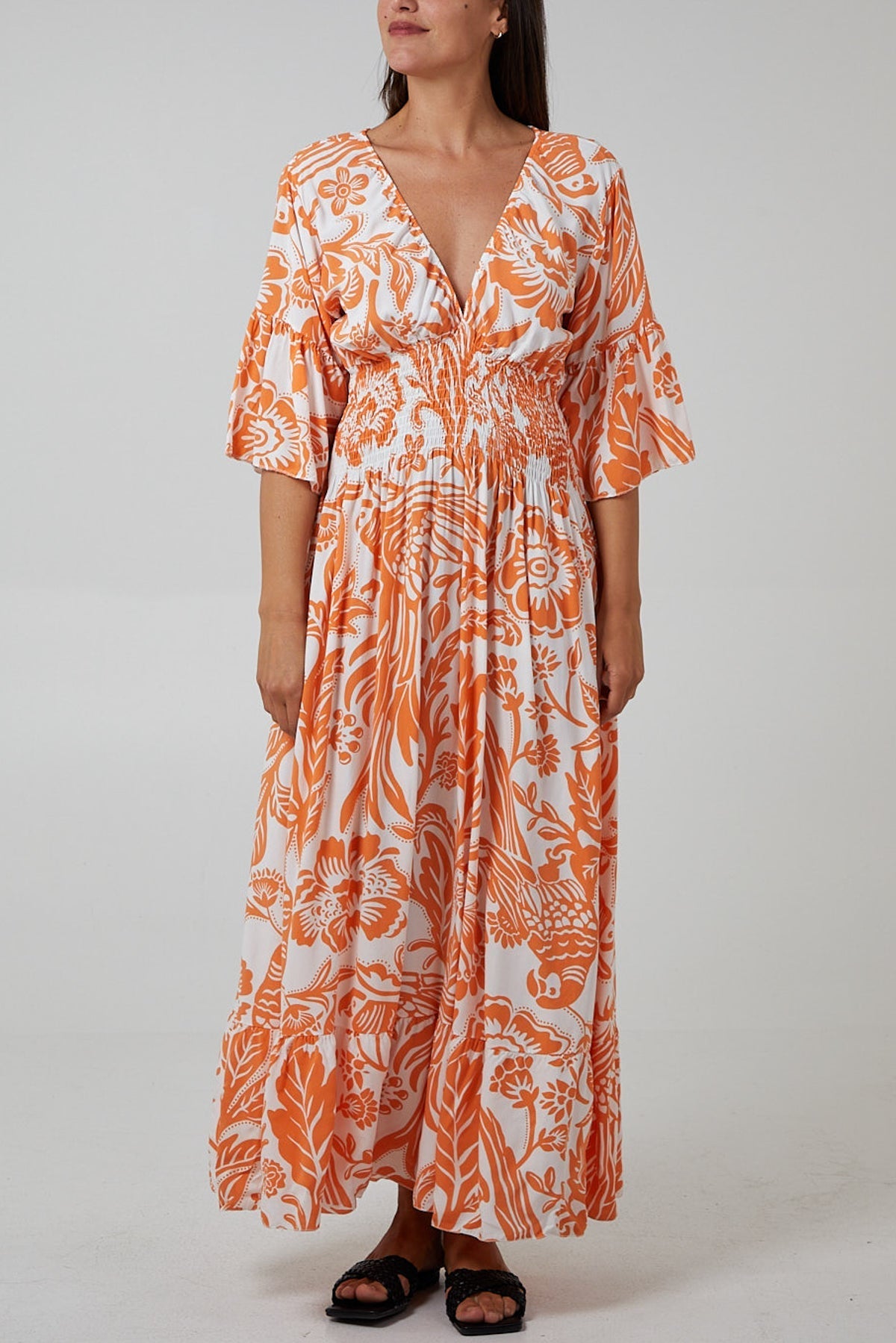 Khaki Floral Shirred Waist Maxi Dress For Women ONE SIZE - Dropwear
