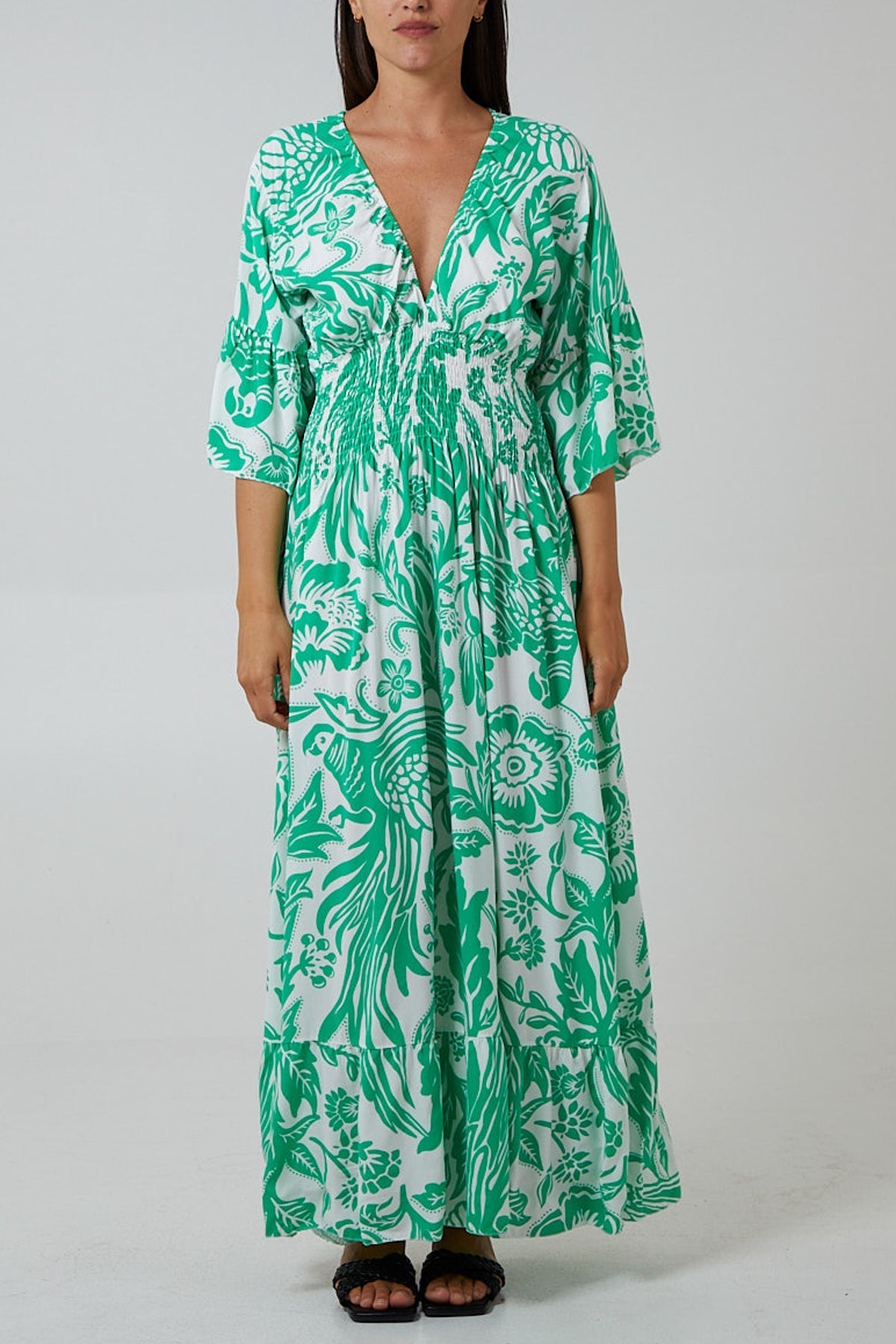 Terracotta Floral Shirred Waist Maxi Dress For Women ONE SIZE - Dropwear