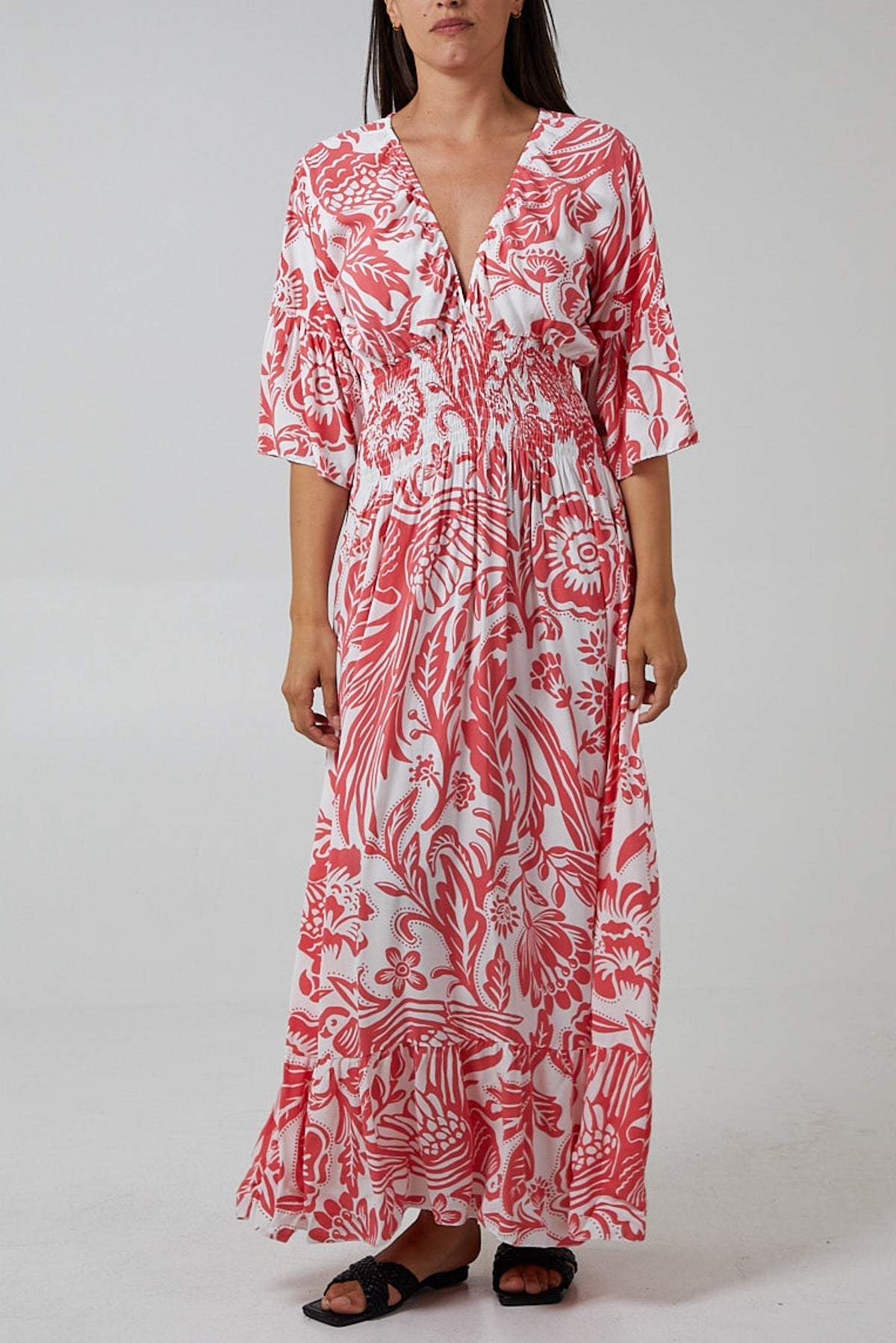 Floral Shirred Waist Maxi Dress For Women  - Dropwear