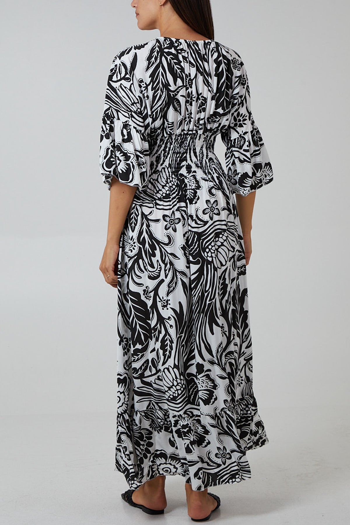 Grey Floral Shirred Waist Maxi Dress For Women ONE SIZE - Dropwear