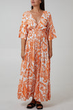 Khaki Floral Shirred Waist Maxi Dress For Women ONE SIZE - Dropwear