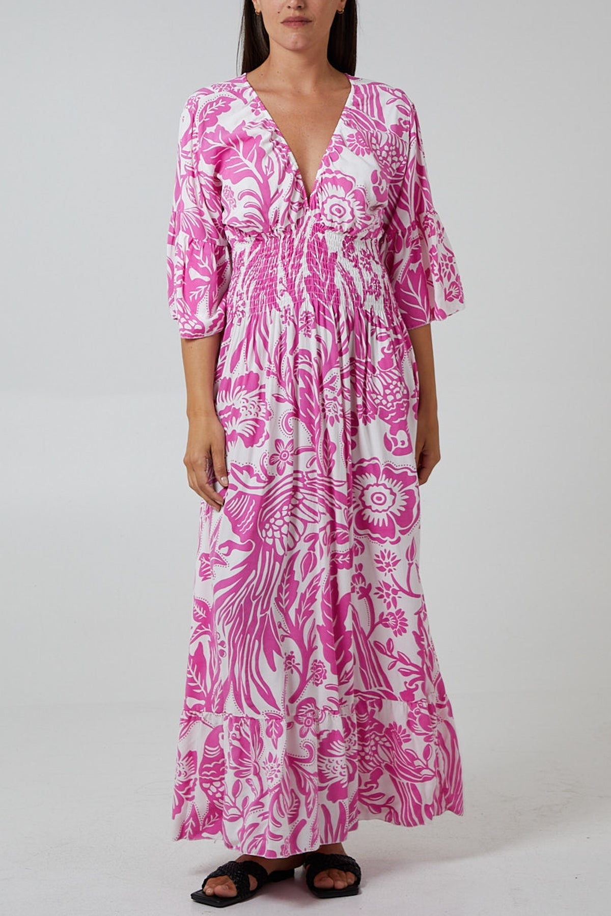 Jade Floral Shirred Waist Maxi Dress For Women ONE SIZE - Dropwear