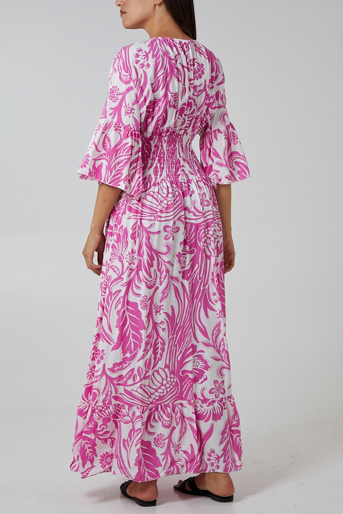 Coral Floral Shirred Waist Maxi Dress For Women ONE SIZE - Dropwear