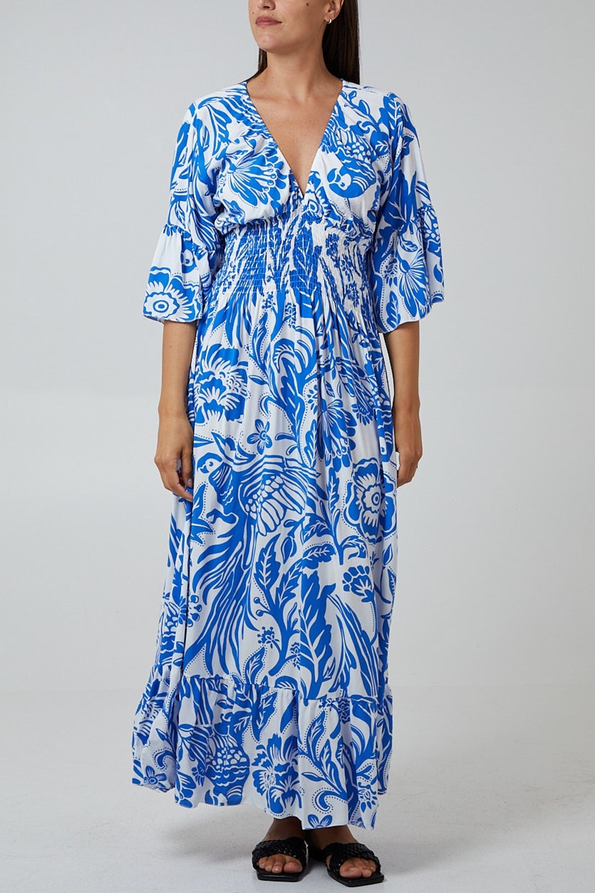 Navy Floral Shirred Waist Maxi Dress For Women ONE SIZE - Dropwear