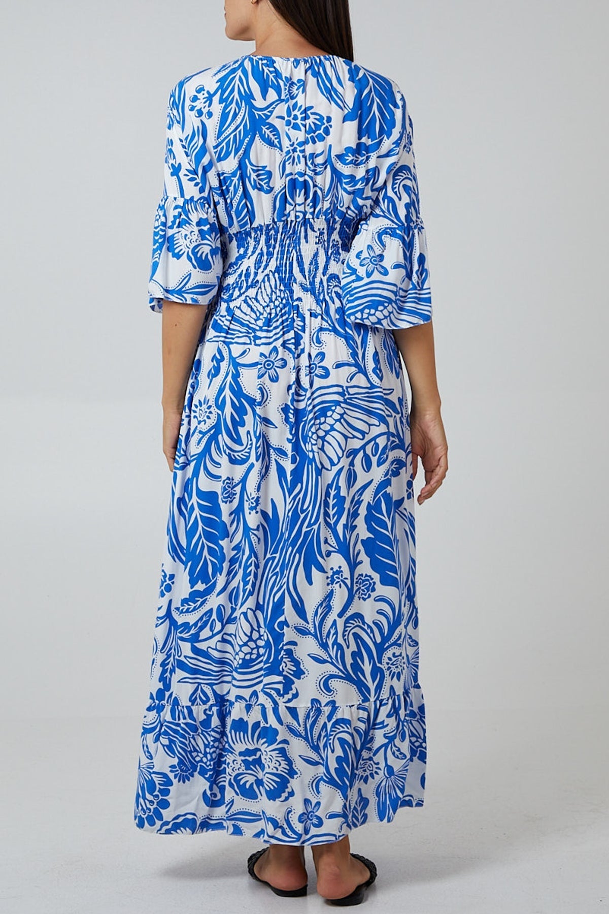 Black Floral Shirred Waist Maxi Dress For Women ONE SIZE - Dropwear