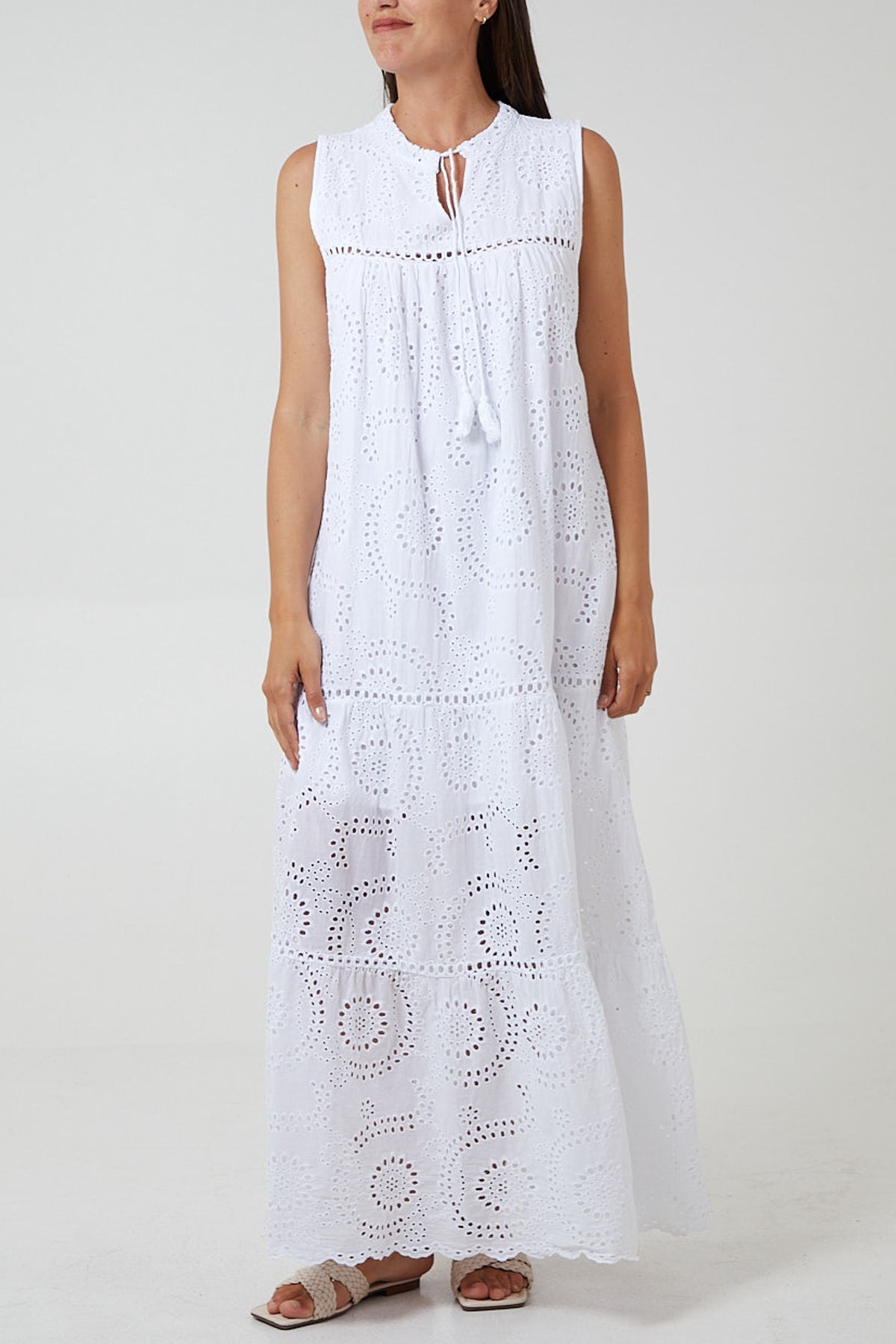 White Broderie Anglaise Tiered Maxi Dress For Women ONE SIZE - Dropwear