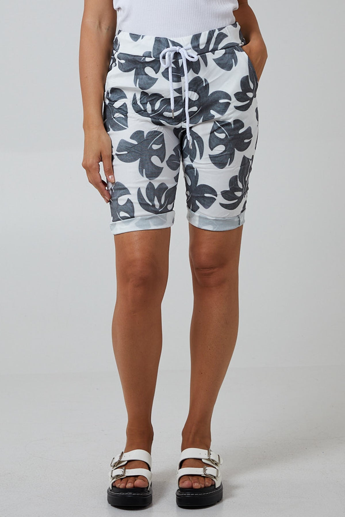 Royal Blue Monstera Leaf Super Stretch Shorts For Women 12 - Dropwear
