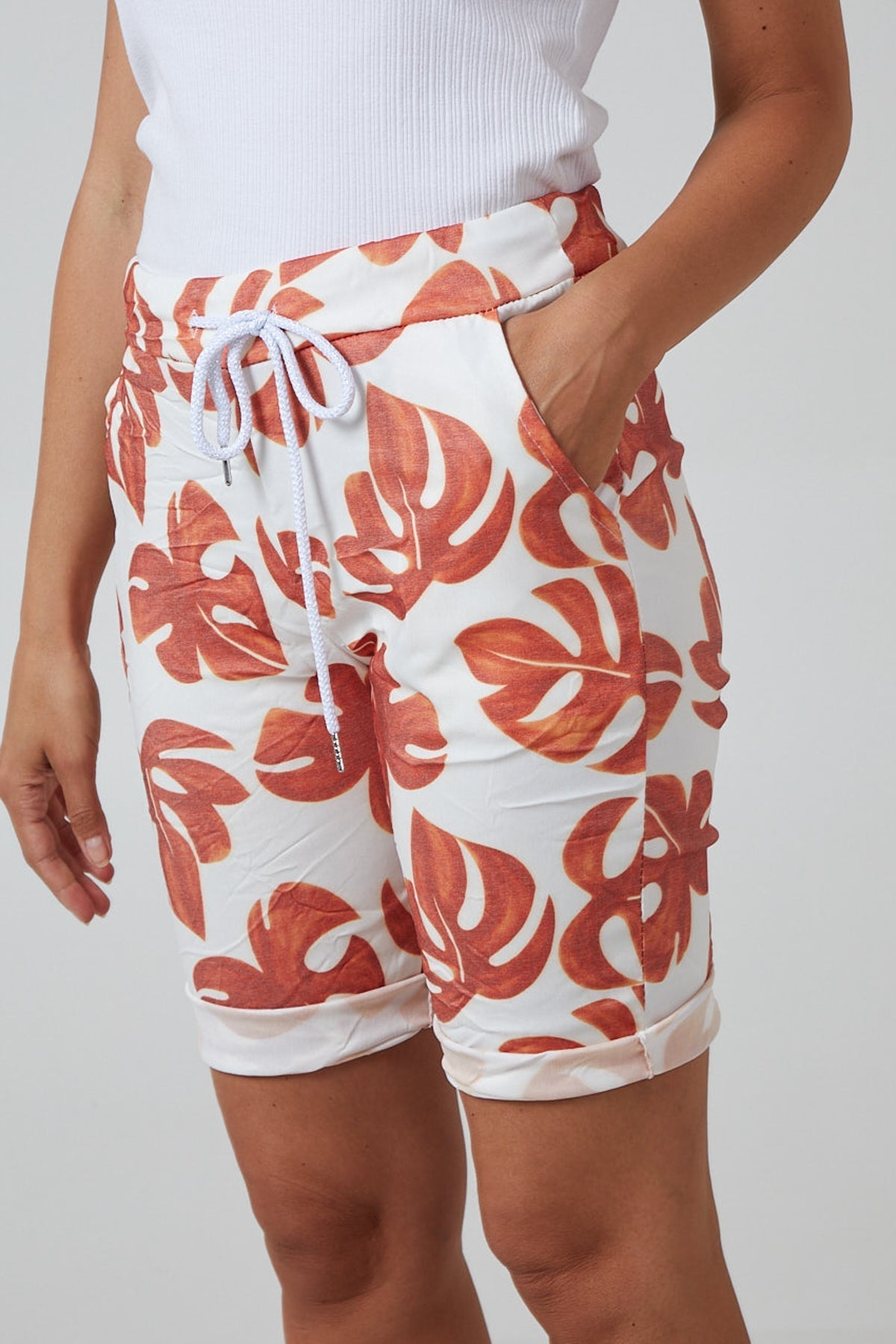 Grey Monstera Leaf Super Stretch Shorts For Women 12 - Dropwear