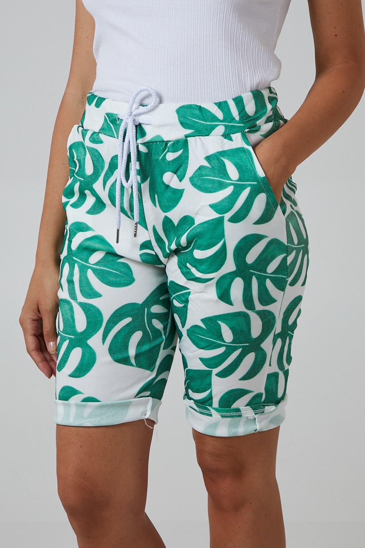 Khaki Monstera Leaf Super Stretch Shorts For Women 12 - Dropwear