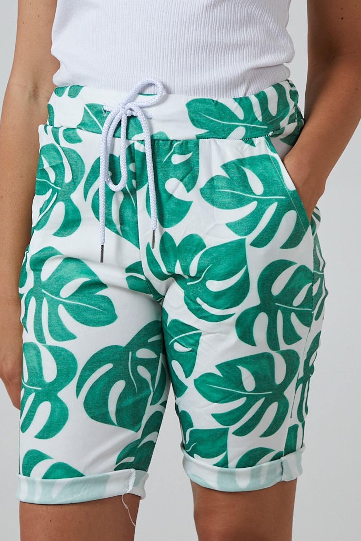 Denim Blue Monstera Leaf Super Stretch Shorts For Women 14 - Dropwear