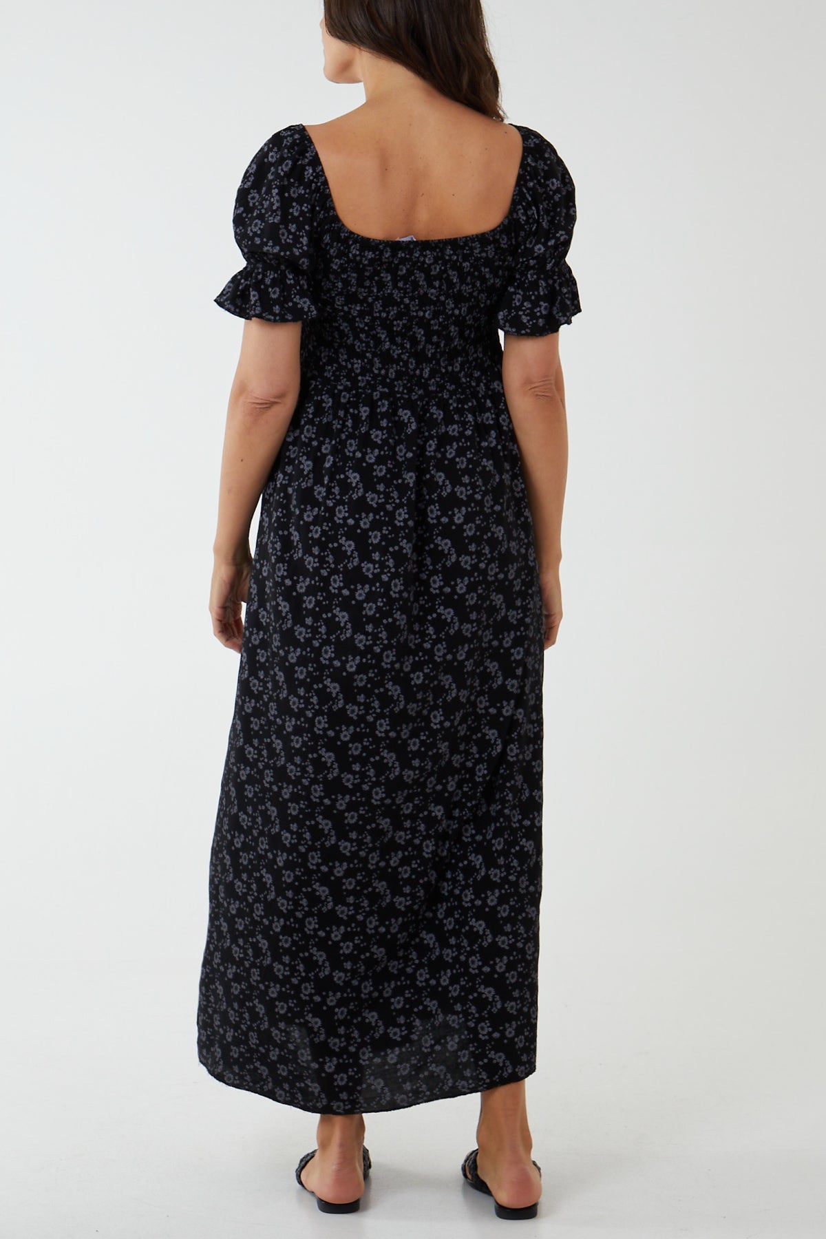 Puff Sleeve Floral Shirred Bodice Dress For Women  - Dropwear