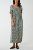 Puff Sleeve Floral Shirred Bodice Dress For Women  - Dropwear