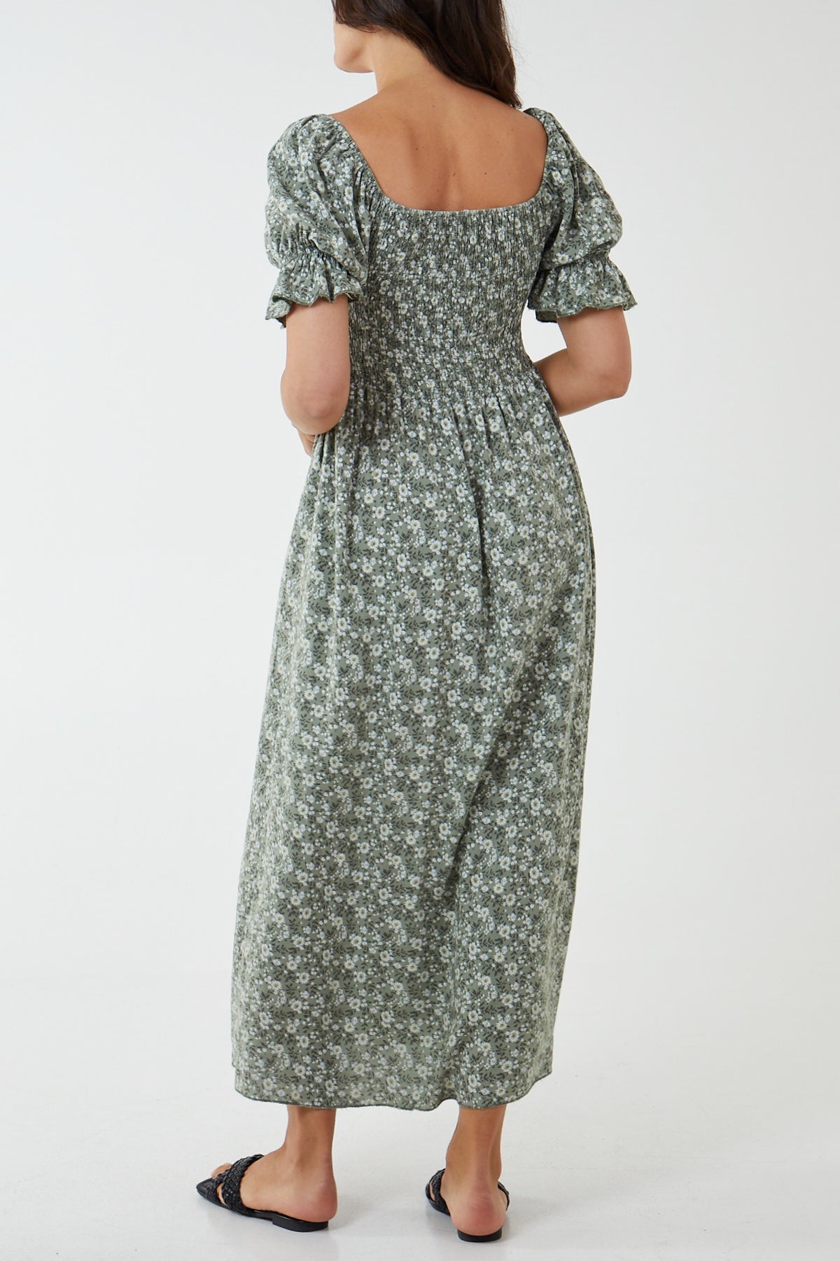 Puff Sleeve Floral Shirred Bodice Dress For Women  - Dropwear