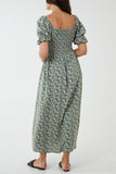 Puff Sleeve Floral Shirred Bodice Dress For Women  - Dropwear
