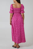 Fuchsia Puff Sleeve Floral Shirred Bodice Dress For Women ONE SIZE - Dropwear